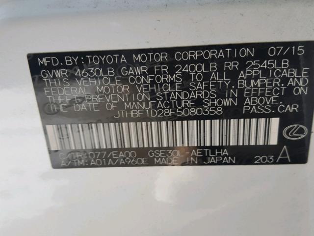 JTHBF1D28F5080358 - 2015 LEXUS IS 250 WHITE photo 10