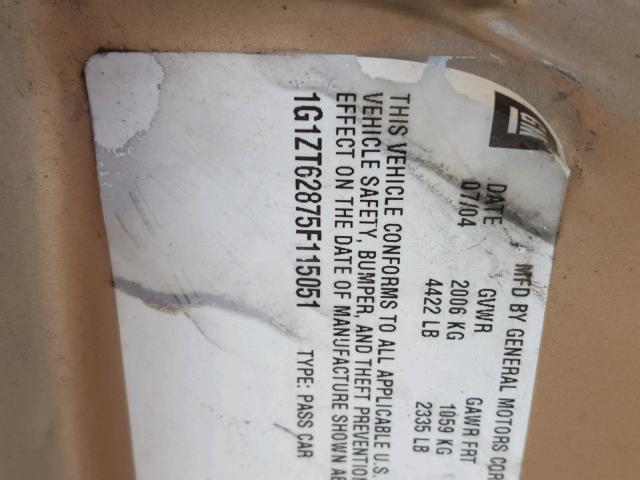 1G1ZT62875F115051 - 2005 CHEVROLET MALIBU MAX ოქროსფერი ფოტო 10