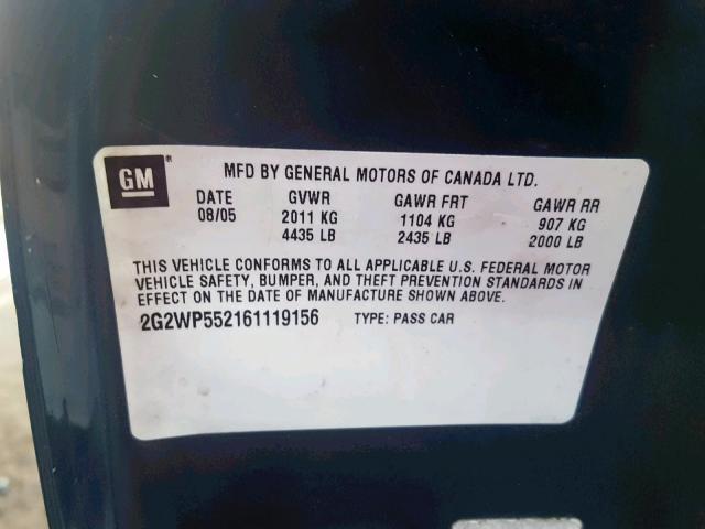 2G2WP552161119156 - 2006 PONTIAC GRAND PRIX Կապույտ լուսանկար 10