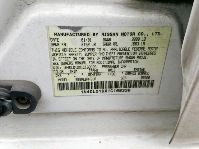 1N4DL01DX1C168339 - 2001 NISSAN ALTIMA XE WHITE photo 10