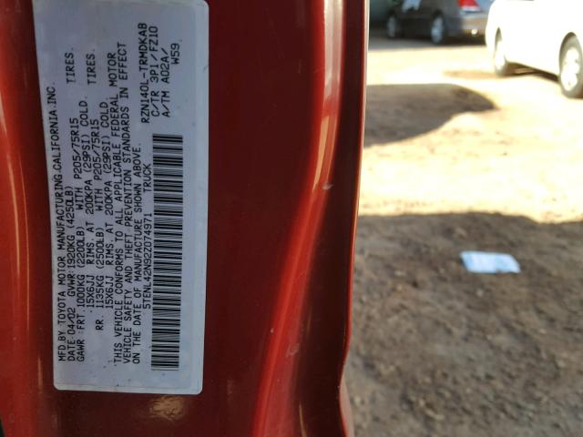 5TENL42N92Z074971 - 2002 TOYOTA TACOMA RED photo 10
