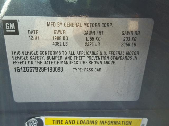 1G1ZG57B28F190098 - 2008 CHEVROLET MALIBU LS 灰色 照片 10