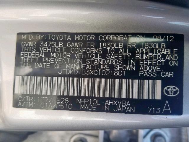 JTDKDTB3XC1021801 - 2012 TOYOTA PRIUS C SILVER photo 10