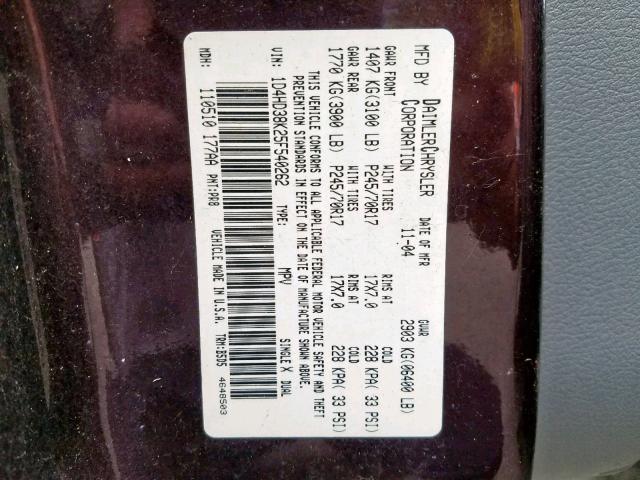 1D4HD38K25F540262 - 2005 DODGE DURANGO ST BURGUNDY photo 10