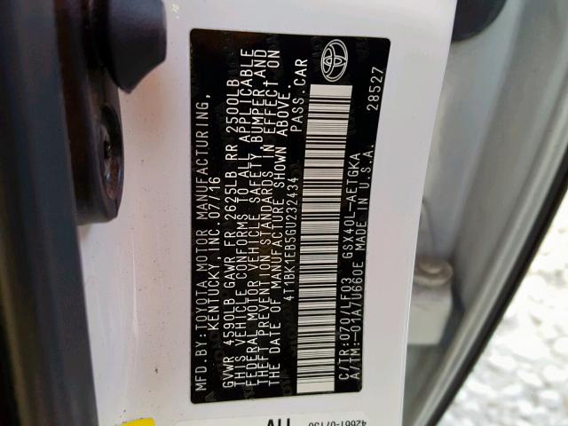 4T1BK1EB5GU232434 - 2016 TOYOTA AVALON XLE WHITE photo 10