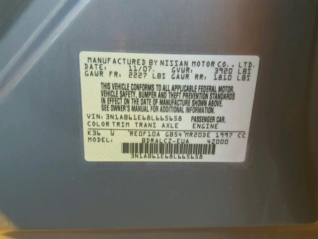 3N1AB61E68L665658 - 2008 NISSAN SENTRA 2.0 GRAY photo 10