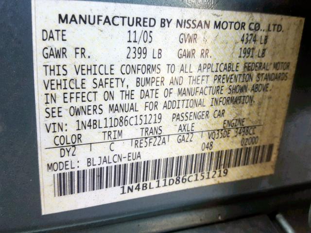 1N4BL11D86C151219 - 2006 NISSAN ALTIMA SE GREEN photo 10