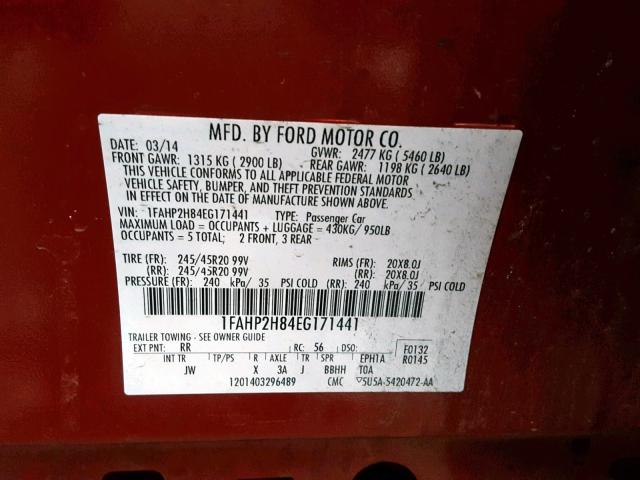 1FAHP2H84EG171441 - 2014 FORD TAURUS SEL RED photo 10