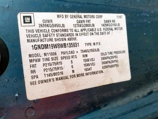 1GNDM19W8WB135931 - 1998 CHEVROLET ASTRO BLUE photo 10