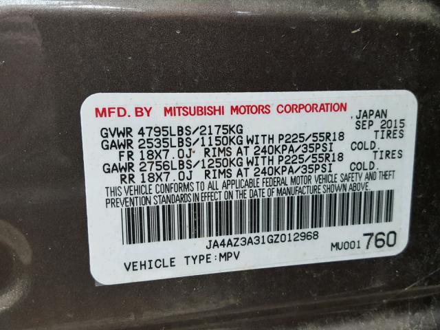 JA4AZ3A31GZ012968 - 2016 MITSUBISHI OUTLANDER CHARCOAL photo 10