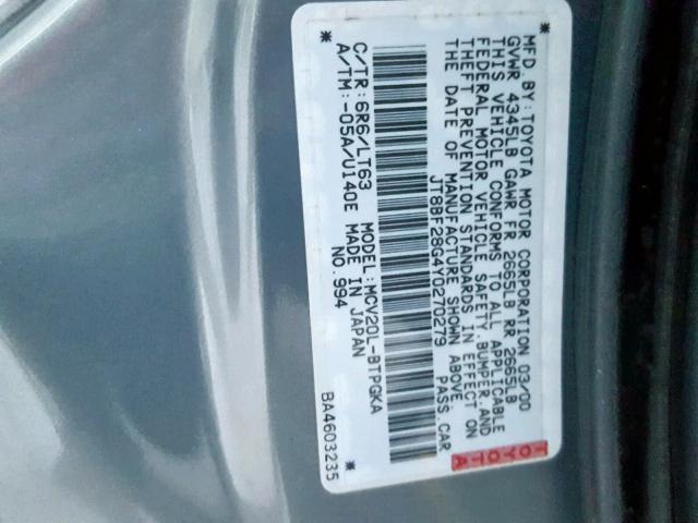 JT8BF28G4Y0270279 - 2000 LEXUS ES 300 GRAY photo 10