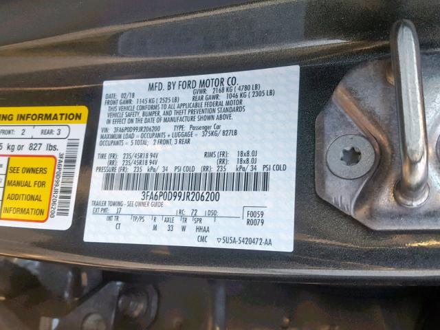 3FA6P0D99JR206200 - 2018 FORD FUSION TIT CHARCOAL photo 10