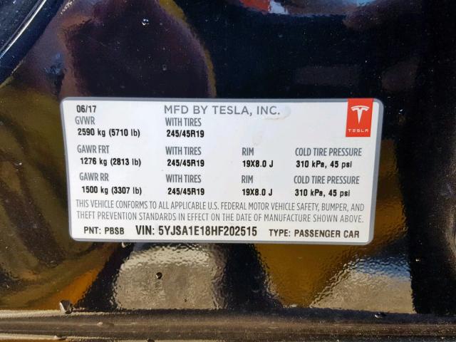 5YJSA1E18HF202515 - 2017 TESLA MODEL S BLACK photo 10