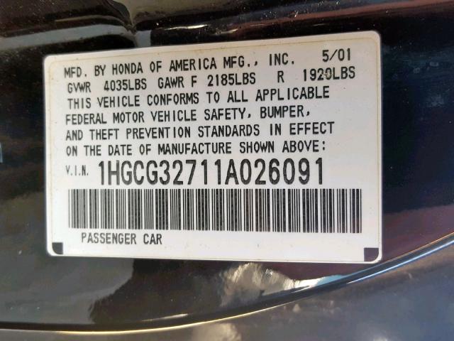 1HGCG32711A026091 - 2001 HONDA ACCORD EX BLACK photo 10