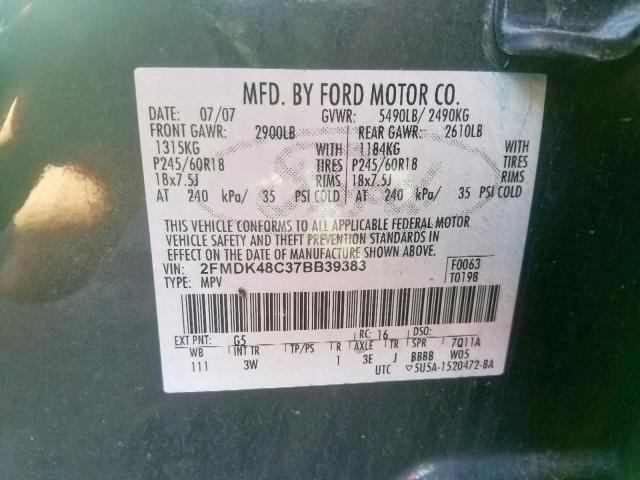 2FMDK48C37BB39383 - 2007 FORD EDGE SEL GRAY photo 10