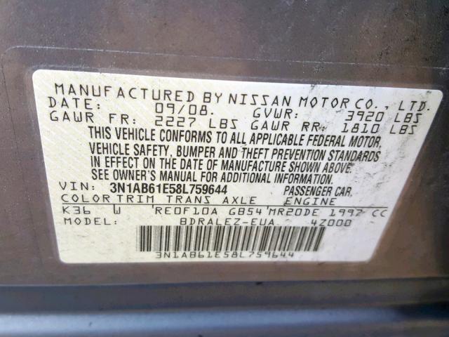 3N1AB61E58L759644 - 2008 NISSAN SENTRA 2.0 GRAY photo 10