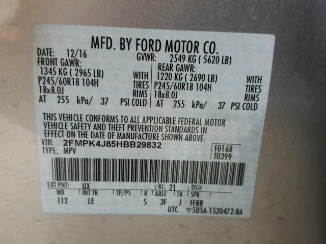 2FMPK4J85HBB29832 - 2017 FORD EDGE SEL SILVER photo 10