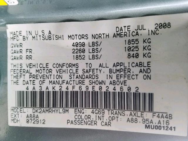 4A3AK24F69E024602 - 2009 MITSUBISHI ECLIPSE GS GRAY photo 10