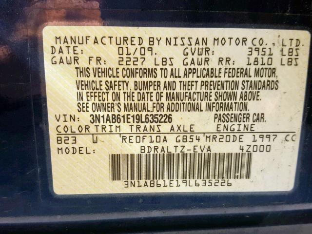 3N1AB61E19L635226 - 2009 NISSAN SENTRA 2.0 BLUE photo 10