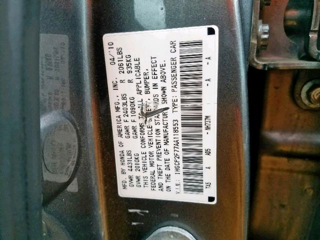 1HGCP2F77AA118553 - 2010 HONDA ACCORD EX GRAY photo 10