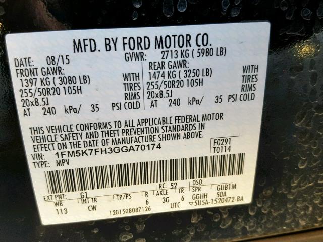 1FM5K7FH3GGA70174 - 2016 FORD EXPLORER L BLACK photo 10