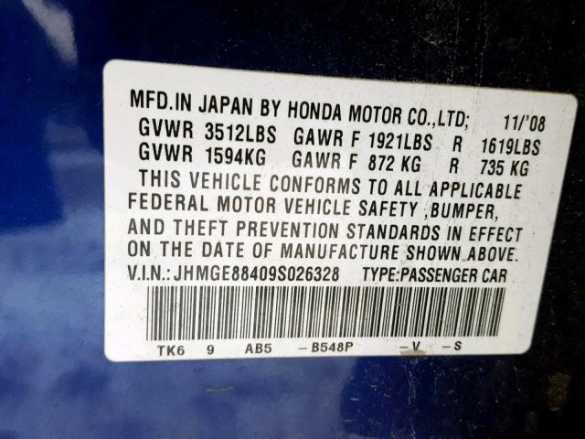 JHMGE88409S026328 - 2009 HONDA FIT SPORT BLUE photo 10