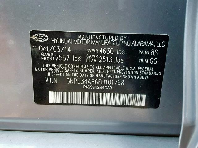 5NPE34AB6FH101768 - 2015 HYUNDAI SONATA SPO SILVER photo 10