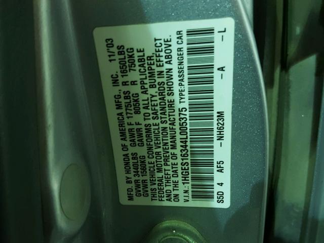 1HGES16344L005375 - 2004 HONDA CIVIC DX V SILVER photo 10