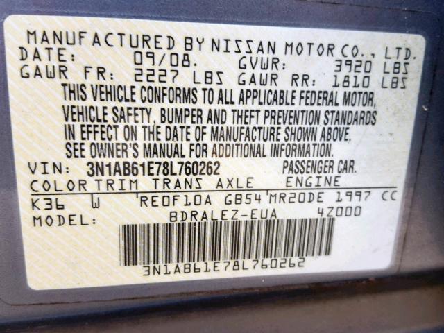 3N1AB61E78L760262 - 2008 NISSAN SENTRA 2.0 GRAY photo 10