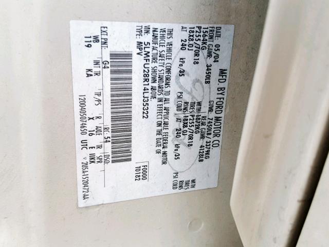 5LMFU28R14LJ35322 - 2004 LINCOLN NAVIGATOR WHITE photo 10