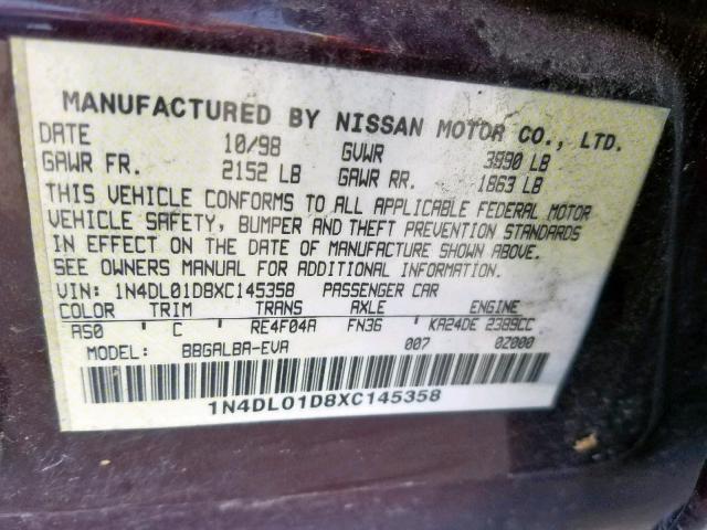 1N4DL01D8XC145358 - 1999 NISSAN ALTIMA XE MAROON photo 10