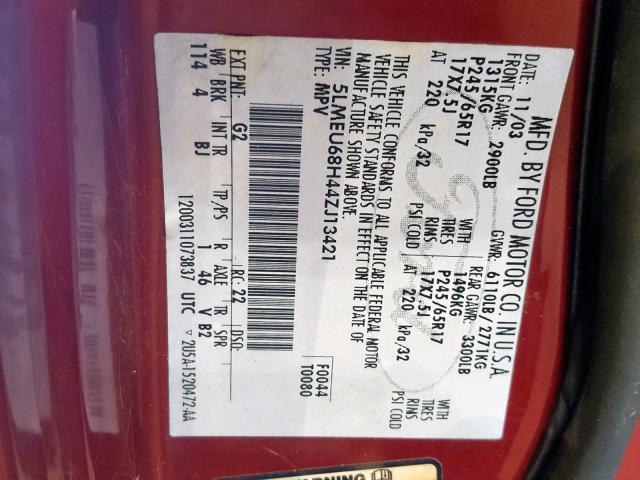 5LMEU68H44ZJ13421 - 2004 LINCOLN AVIATOR 栗色 照片 10