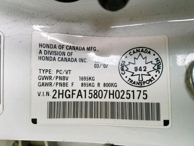 2HGFA15807H025175 - 2007 HONDA CIVIC EX WHITE photo 10