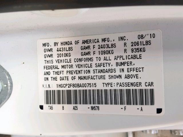 1HGCP2F80BA007515 - 2011 HONDA ACCORD EXL WHITE photo 10