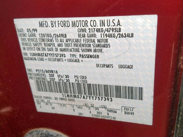 1LNHM87A7YY757393 - 2000 LINCOLN LS 勃艮第红 照片 10