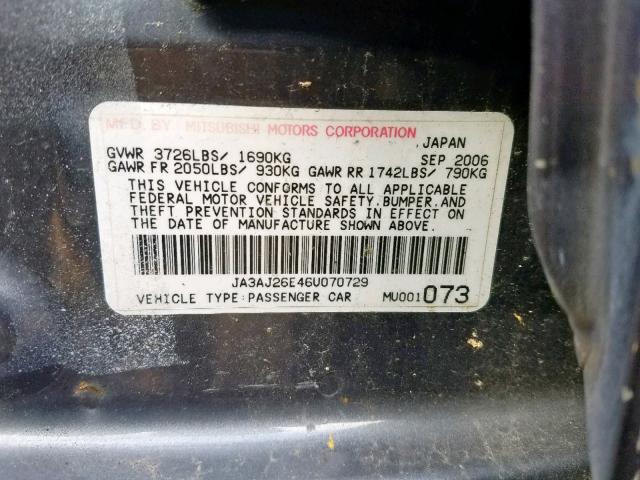 JA3AJ26E46U070729 - 2006 MITSUBISHI LANCER ES GRAY photo 10