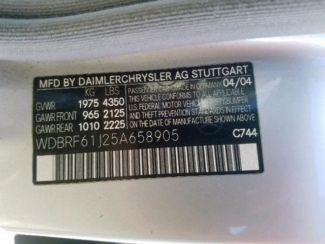 WDBRF61J25A658905 - 2005 MERCEDES-BENZ C 240 SILVER photo 10