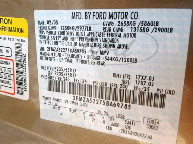 2FMZA52275BA69785 - 2005 FORD FREESTAR S GRAY photo 10