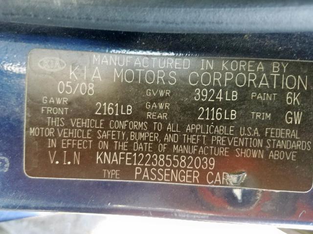 KNAFE122385582039 - 2008 KIA SPECTRA EX BLUE photo 10