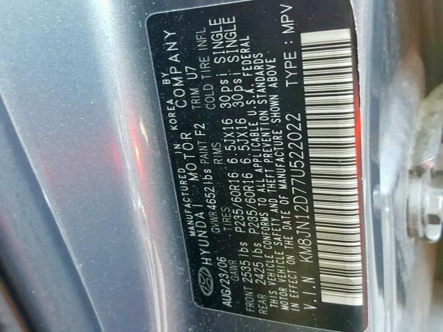 KM8JN12D77U522022 - 2007 HYUNDAI TUCSON SE GRAY photo 10