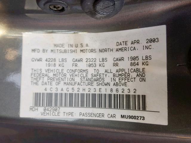 4C3AG52H23E186232 - 2003 CHRYSLER SEBRING LX GRAY photo 10