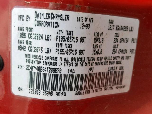 3C4FY48B84T269579 - 2004 CHRYSLER PT CRUISER RED photo 10