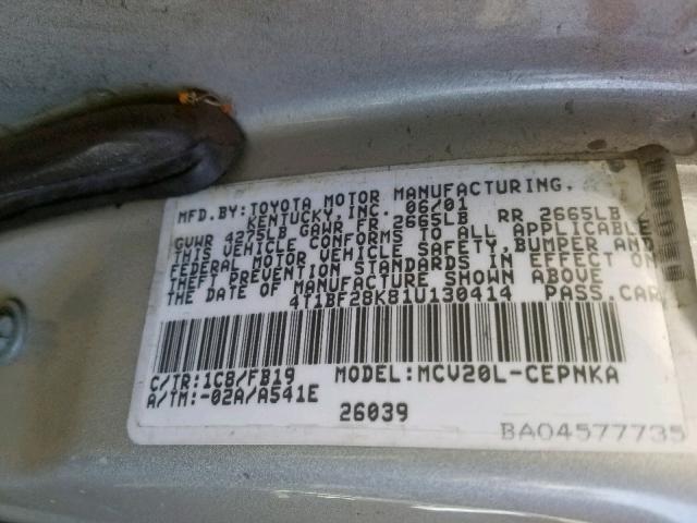 4T1BF28K81U130414 - 2001 TOYOTA CAMRY LE SILVER photo 10