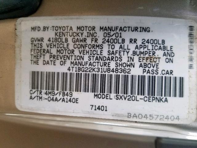 4T1BG22K31U848362 - 2001 TOYOTA CAMRY CE BEIGE photo 10