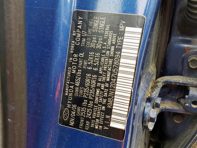 KM8JN12D47U578094 - 2007 HYUNDAI TUCSON SE BLUE photo 10