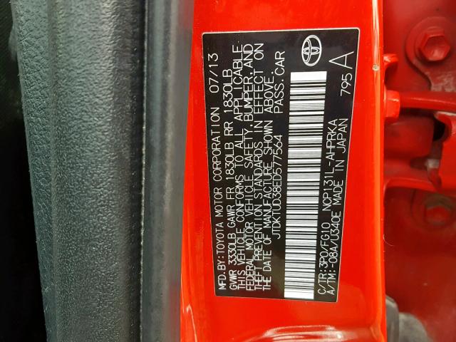 JTDKTUD38ED577564 - 2014 TOYOTA YARIS RED photo 10