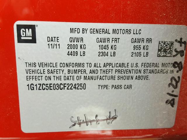 1G1ZC5E03CF224250 - 2012 CHEVROLET MALIBU 1LT RED photo 10