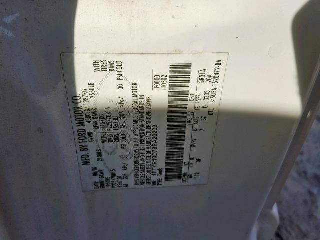 1FTYR10D78PA20203 - 2008 FORD RANGER WHITE photo 10