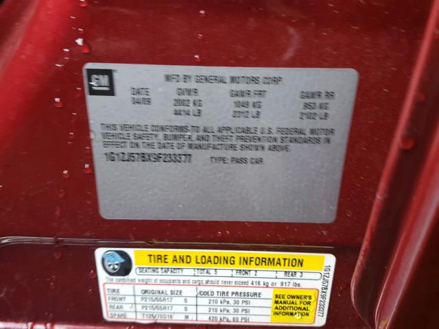 1G1ZJ57BX9F233377 - 2009 CHEVROLET MALIBU 2LT RED photo 10