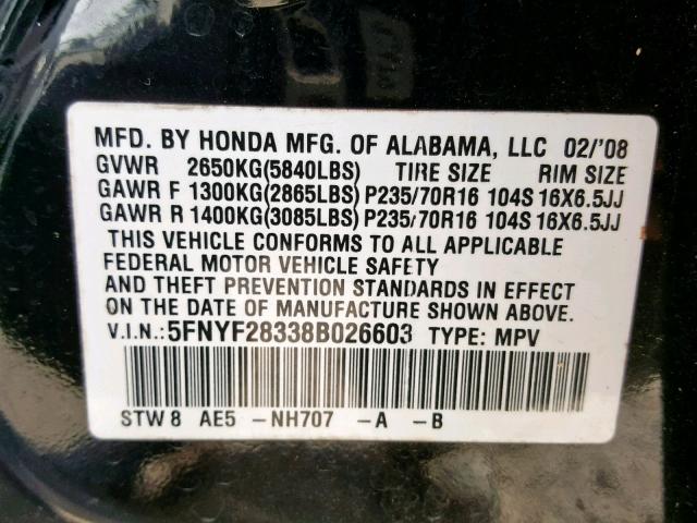 5FNYF28338B026603 - 2008 HONDA PILOT SE BLACK photo 10